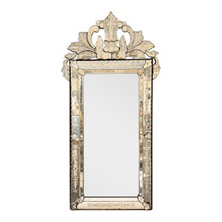 Mid-Century Venetian Etched Glass Wall Mirror With Floral Crest For Sale
