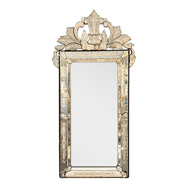 Mid-Century Venetian Etched Glass Wall Mirror With Floral Crest For Sale