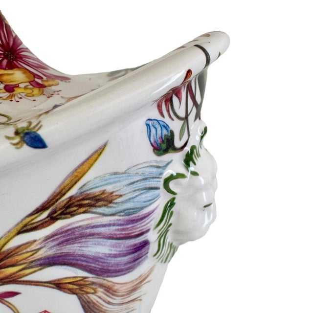 1980s Italian Botanical Painted Ceramic Urn Table Lamp With Lion Masks & Turquoise Finial Neoclassical For Sale - Image 14 of 14