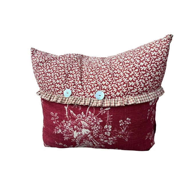 Vintage Country House decorative pillows by Sidney Muncy. Dark red color one with double ruffles and the other envelope...