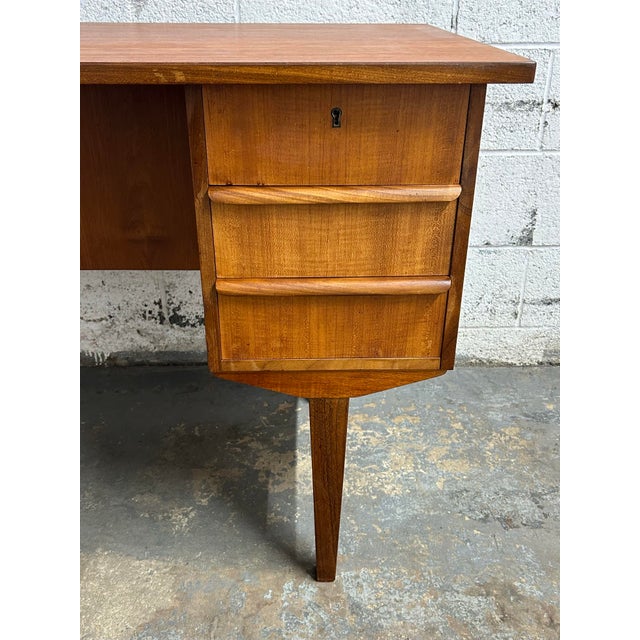 Chestnut 1960s Danish Teak Mid Century Modern Freestanding Desk With Bookshelf Back With Original Key For Sale - Image 8 of 9