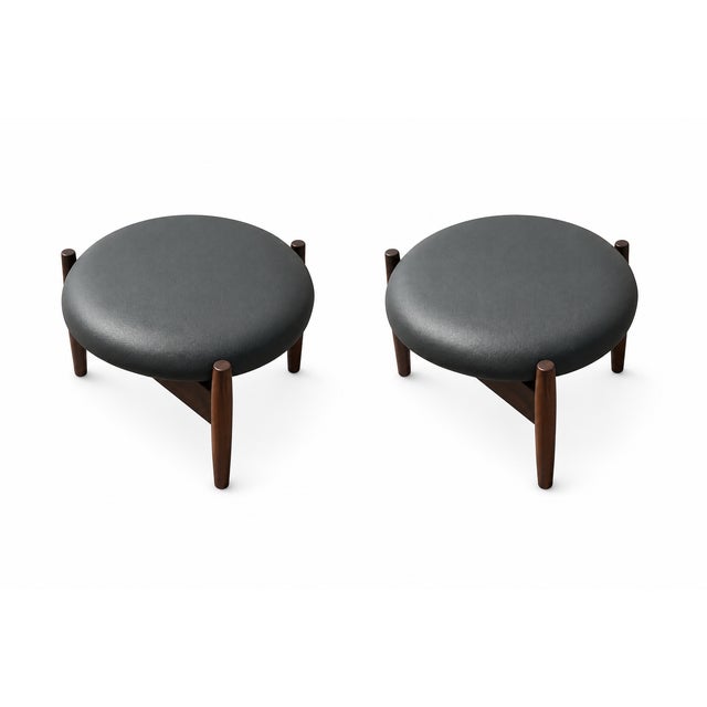 Mid Century Style Round Walnut and Black Leather Ottomans For Sale - Image 4 of 4