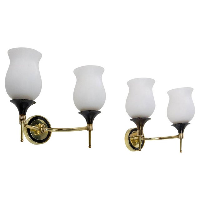 French Double Sconces in Brass and Black Metal with Opaline Glass Shades, 1960s, Set of 2 For Sale - Image 15 of 15