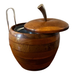 1960s Mid-Century Modern Solid Walnut Apple Ice Bucket With Silverplate Claw Tongs For Sale