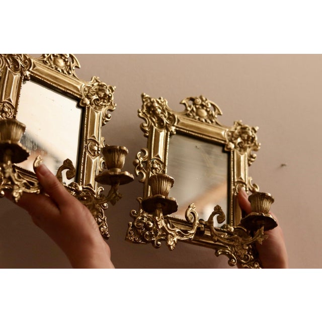 Swedish Brass Sconces with Mirrors, Set of 2 For Sale - Image 6 of 7