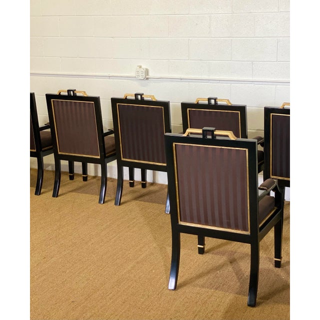 1980s Hollywood Regency Black Lacquer and Satin Dining Armchairs – Set of 8 For Sale - Image 12 of 13