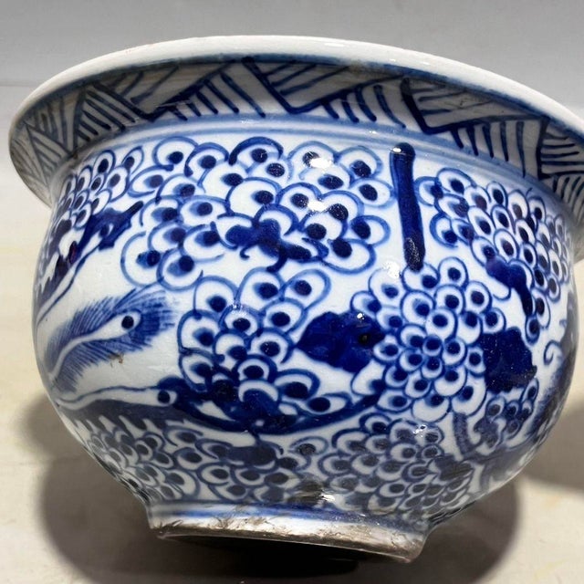 Blue and White Phoenix & Grape Porcelain Bowl, Chinoiserie Decor Basin For Sale In New York - Image 6 of 9