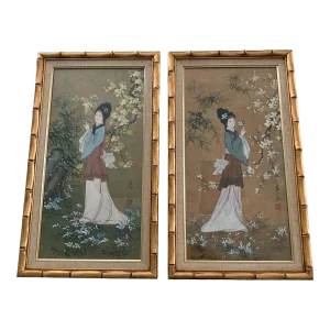 Late 20th Century Pair of Oriental Geishas Girls Paintings on Cork Signed W Faux Bamboo Gold Frame
