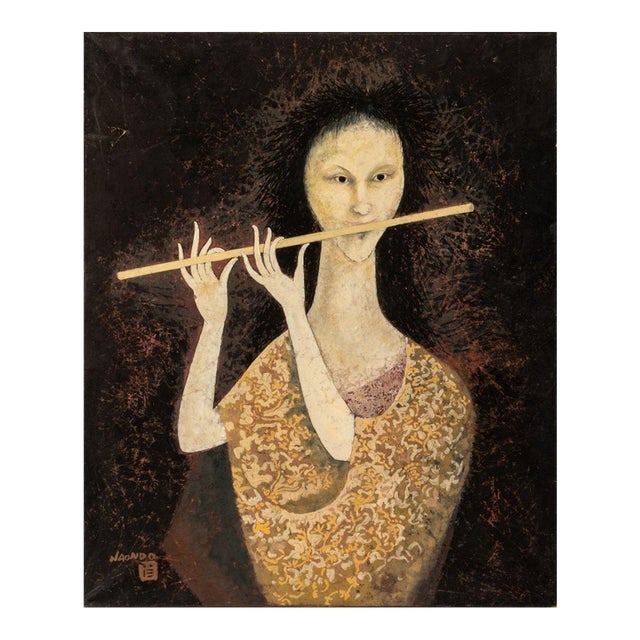 Naondo Nakamura Flute Player Gouache on Paper For Sale