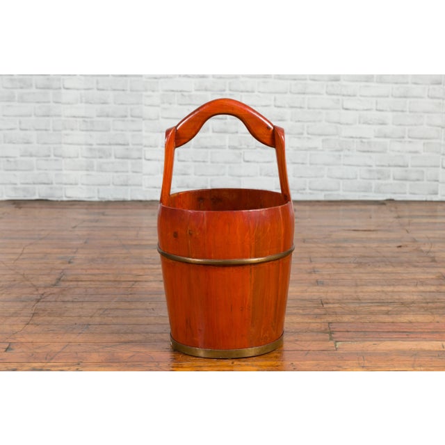 Chinese Rustic Wooden Bucket with Large Handle and Painted Floral Motifs For Sale - Image 9 of 11