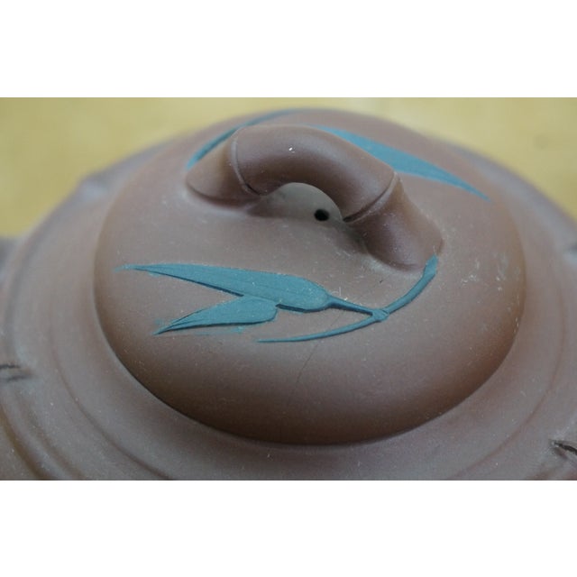 Vintage Chinese Yixing Zisha Brown Clay Bamboo Leaf Teapot Pitcher 7" For Sale - Image 11 of 13