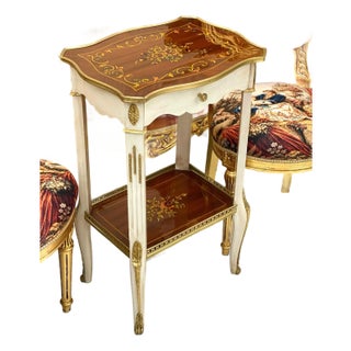 French Louis XVI Accent Side Table With Floral Marquetry, Lower Display Shelf & Hand-Gilded Gold Leaf Details For Sale