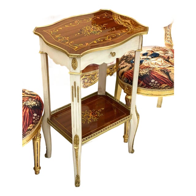 French Louis XVI Accent Side Table With Floral Marquetry, Lower Display Shelf & Hand-Gilded Gold Leaf Details For Sale