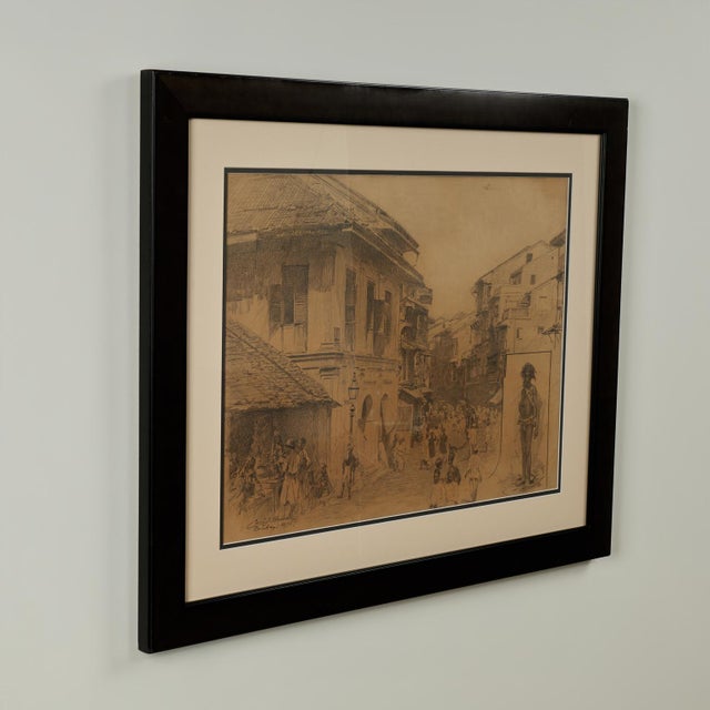 Transporting 19th century British colonial drawing on paper of a street scene in Bombay India capturing the hot, dusty...
