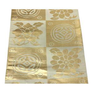 Mid Century 1950s Japanese Nagoya Obi Silk Woven Flower Grid Gold & Ivory Off White