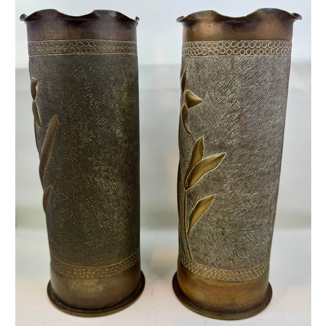 Folk Art Artistic Pair of World War I Brass Trench Art Vases Decorated With a Lily Floral Motif - Dated November 1917, Madgeburg, Germany For Sale - Image 3 of 11