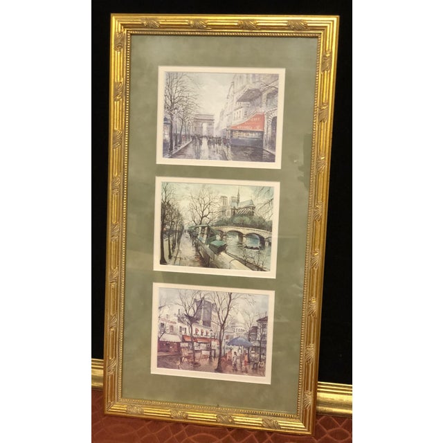 Gold Vintage Framed Triptych Parisian Street Scenes Lithograph Prints by Georges B. For Sale - Image 8 of 10