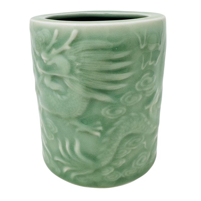 This exquisite vintage celadon brush pot is a beautiful example of post-war era Japanese ceramic craftsmanship. With no...