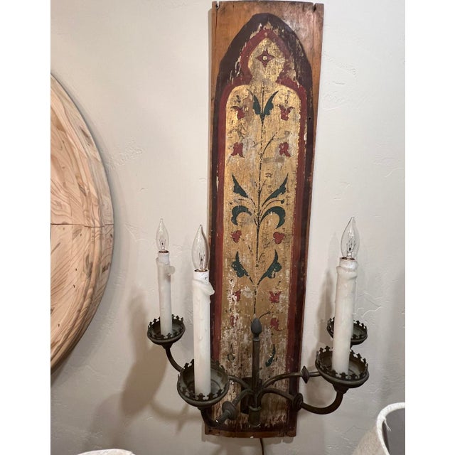 Pair of Dramatic and Unusual Belle Epoque Painted Panel Wall Sconces. Unique Panel Details Add Rustic Elegance and Charm. . Rustic Elegance and Charm. For Sale - Image 6 of 10