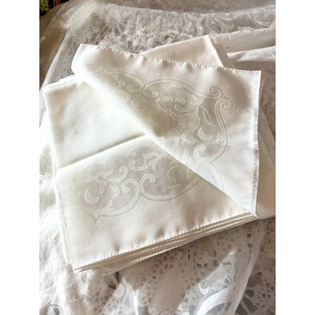 Vintage White Damask - Organza Napkin Set of 7 Woven Floral and Scroll Pattern White For Sale In Miami - Image 6 of 12