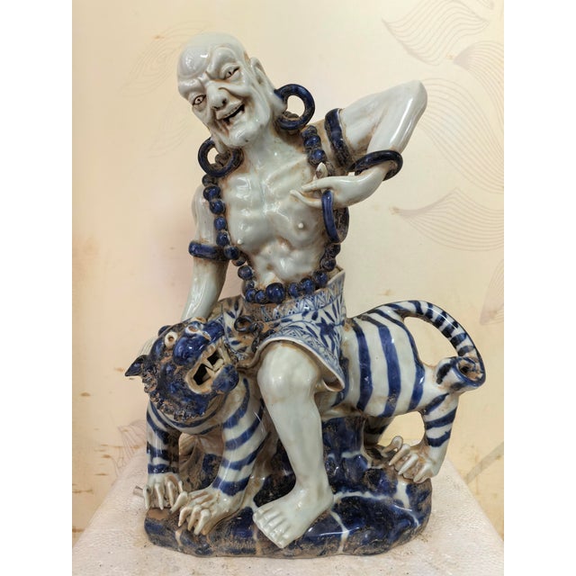 Chinese Chinese Vintage Ceramic Buddhist Sculpture,Hand Carved Blue and White Porcelain the Eighteen Arhats Statue For Sale - Image 3 of 9