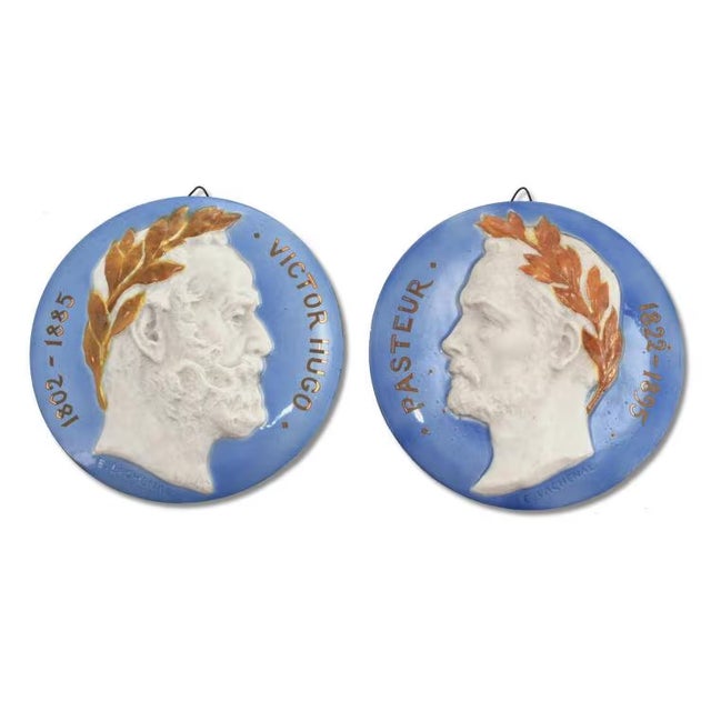 Antique Victor Hugo & Pasteur, French Majolica Plaques by Edmond Lachenal For Sale - Image 4 of 9