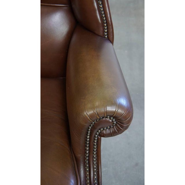 Brown Large English Dark Brown Smooth Cow Leather Chesterfield Wing Chair For Sale - Image 8 of 14