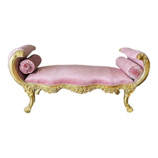 Baroque Style Light Pink Velvet Bench With Gold Details For Sale