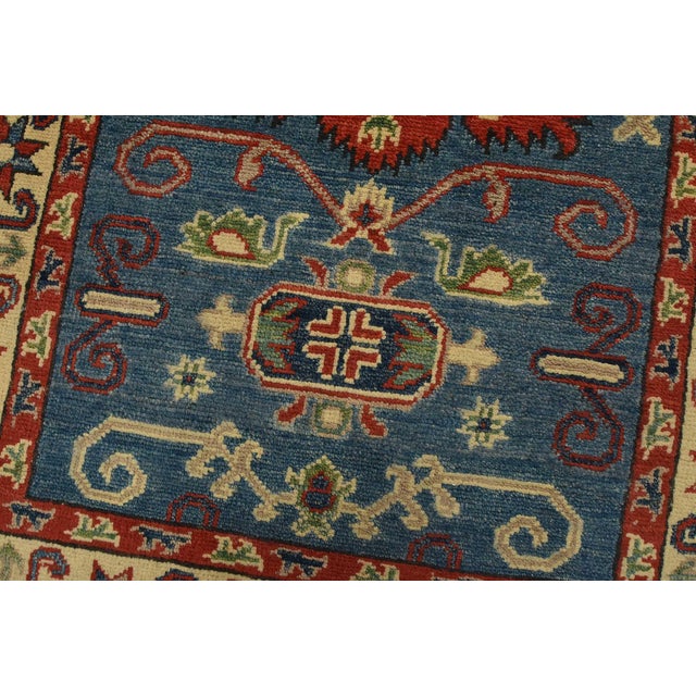 Kazak Rug 2’9” X 4’2” Blue Wool Tribal Hand-Knotted Oriental Carpet For Sale - Image 4 of 10