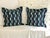 Pair of 24" square flange edge linen pillows dyed indigo blue on white in a geometric stripe. The pillows have a hidden...