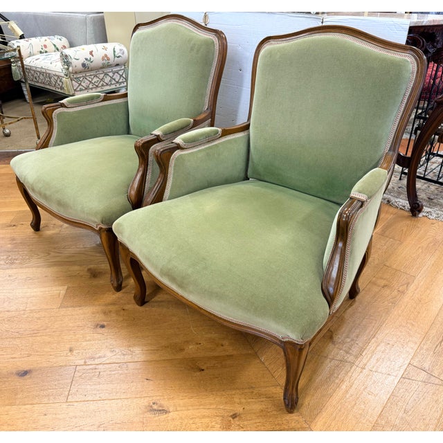 Pair of Green Velvet Upholstered French Bergeres Armchairs For Sale In New York - Image 6 of 7