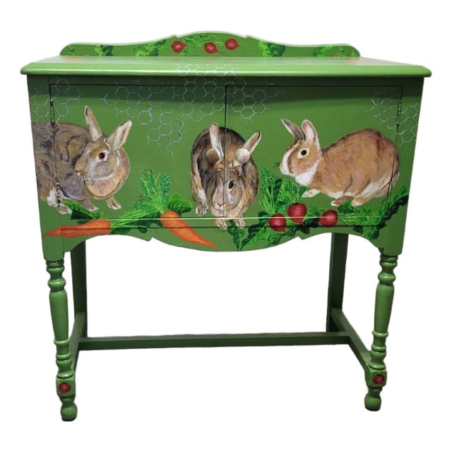 Folk Art Hand-Painted Rabbit Cabinet Signed Patti B. Martin, 2008 For Sale