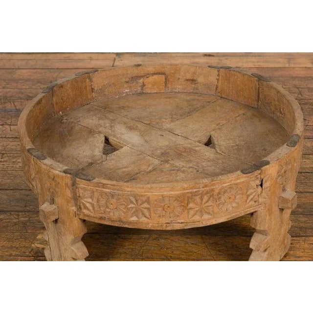Indian 1920s Teak Chakki Grinding Table with Hand-Carved Geometric Décor For Sale - Image 4 of 13