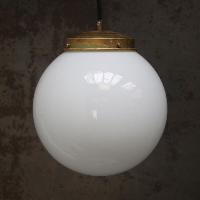 Mid-Century Modern Mid-20th Century Opaline Glass Globe Pendant Light with Brass Top For Sale - Image 3 of 8