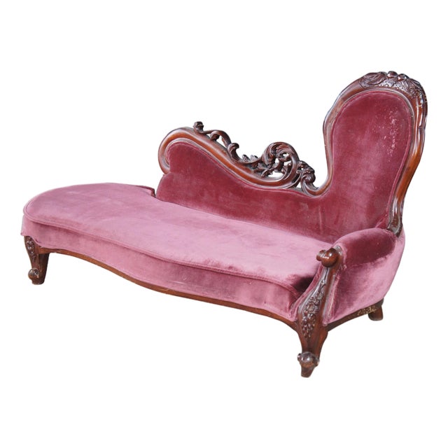 1970s Miniature Victorian Revival Red Velvet & Carved Mahogany Chaise Lounge Dog Bed For Sale