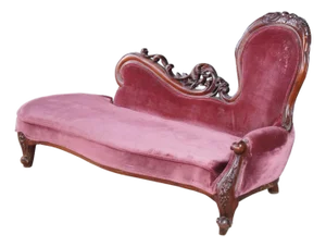 1970s Miniature Victorian Revival Red Velvet & Carved Mahogany Chaise Lounge Dog Bed
