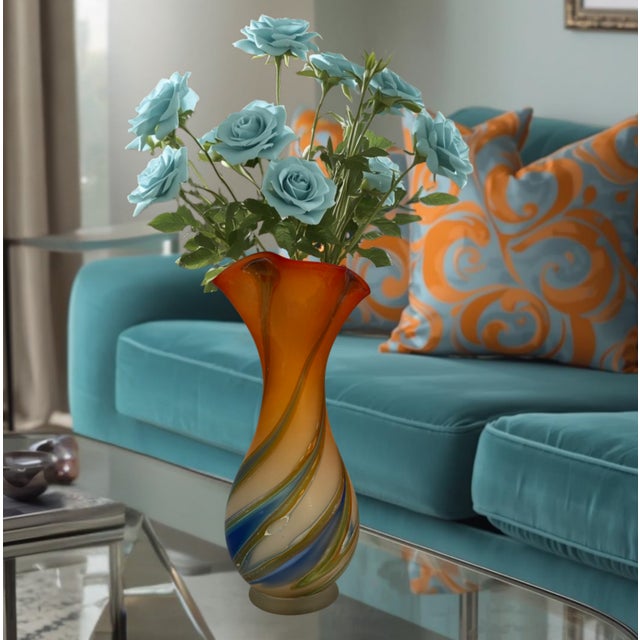 Zareh Orange Art Glass Fazzoletto Vase With Green Blue Swirl For Sale - Image 17 of 18