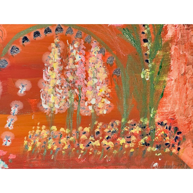 1970s Modern Abstract Mixed Media Painting Folk Art Naive Style Magic Garden at Sunset W 3 Hedgehogs For Sale - Image 4 of 7