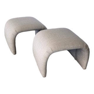 Postmodern Upholstered Waterfall Ottoman Bench Stool Pair Beige 26" For Sale