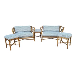 Pair of McGuire Target Back Lounge Chairs With 3 McGuire Footstools For Sale