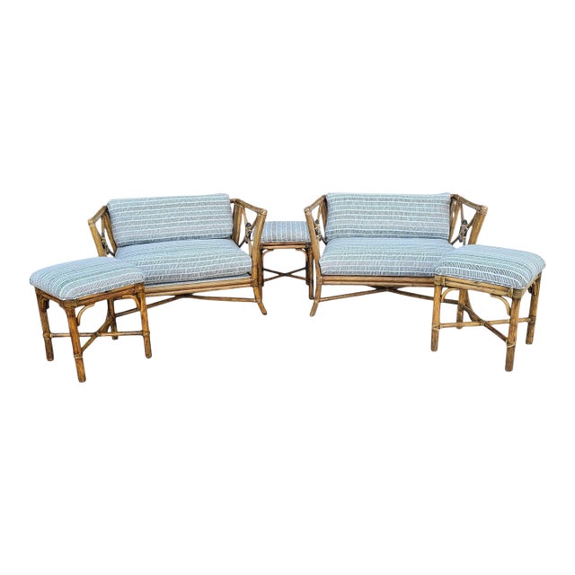 Pair of McGuire Target Back Lounge Chairs With 3 McGuire Footstools For Sale