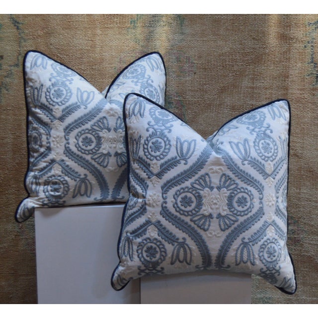 Bjork Studio New Blue and White Embroidered Damask Throw Pillows 22in. X 22in. - a Pair For Sale - Image 4 of 4