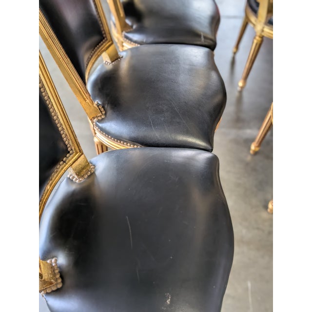 Set of 6 Antique 19th Century French Louis XVI Giltwood & Black Leather Dining Chairs For Sale - Image 10 of 13