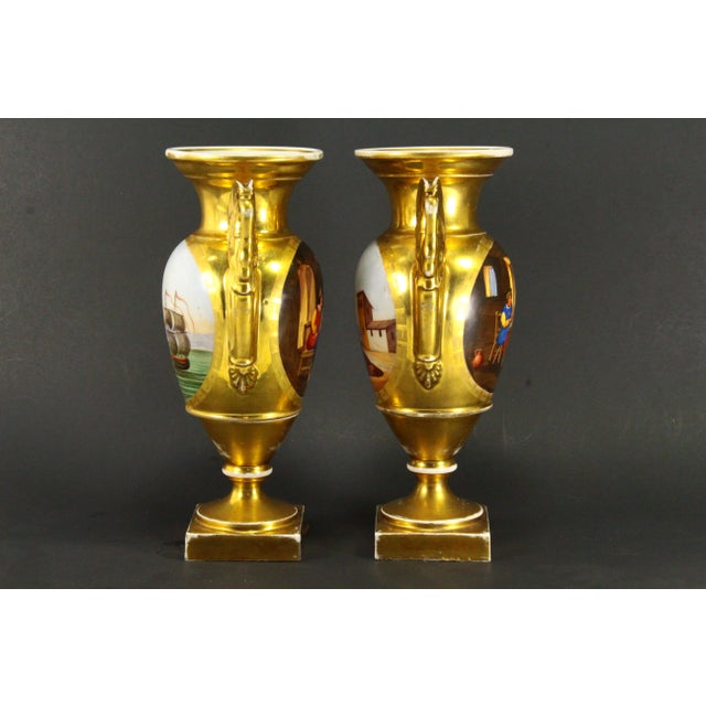 Early 19th C. Empire Old Paris Porcelain Fire Gilt & Painted Vases, a Pair For Sale - Image 4 of 18