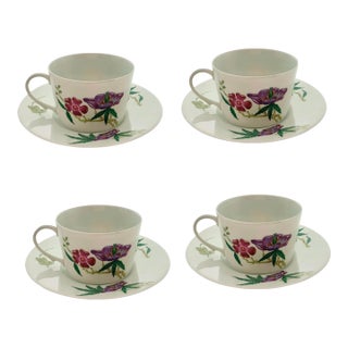 Late 20th Century Limoges Tea Set 4 Cup and Saucer Porcelain Floral Design French Collectibles - 8 pcs For Sale