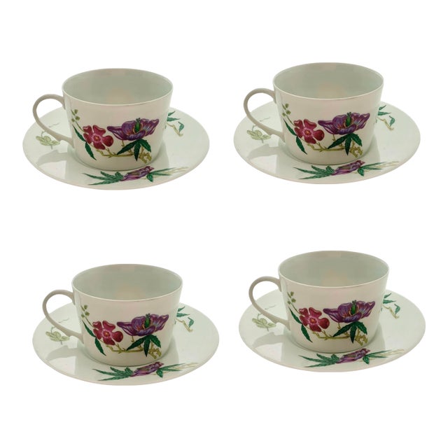 Late 20th Century Limoges Tea Set 4 Cup and Saucer Porcelain Floral Design French Collectibles - 8 pcs For Sale