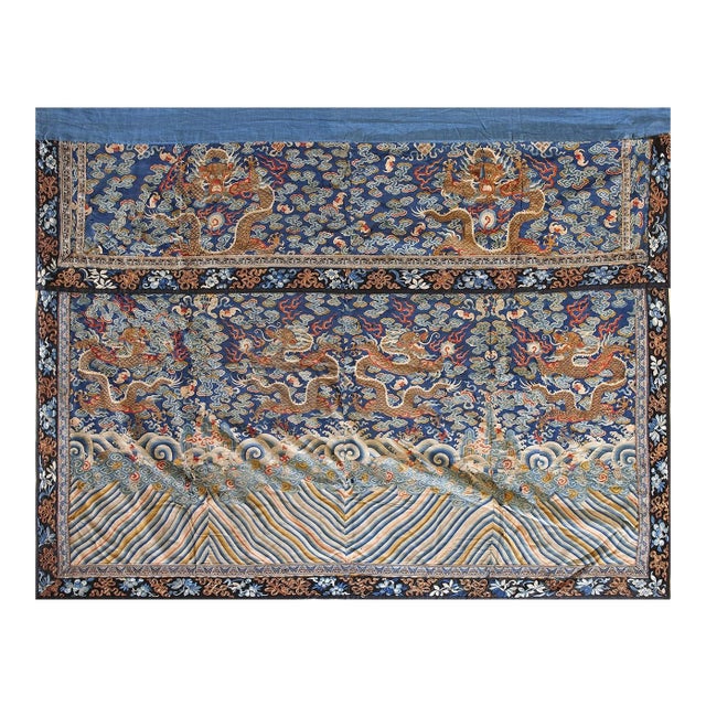 Antique Early 19th Century Blue Chinese Cloud Band Dragon Design Silk Textile For Sale