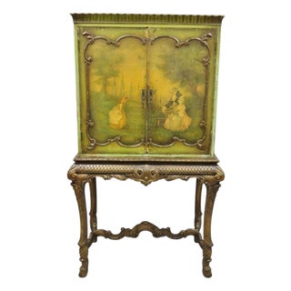 Antique French Renaissance Green Distress Painted Radio Cabinet Bar Cupboard For Sale