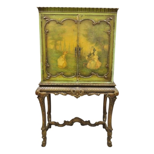 Antique French Renaissance Green Distress Painted Radio Cabinet Bar Cupboard For Sale