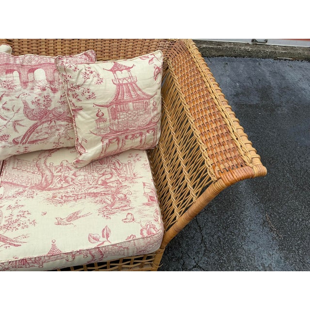 Wood Bielecky Style Wicker Conversion Sofa - 2 Chairs & Ottoman W/ Chinoiserie Toile For Sale - Image 7 of 11